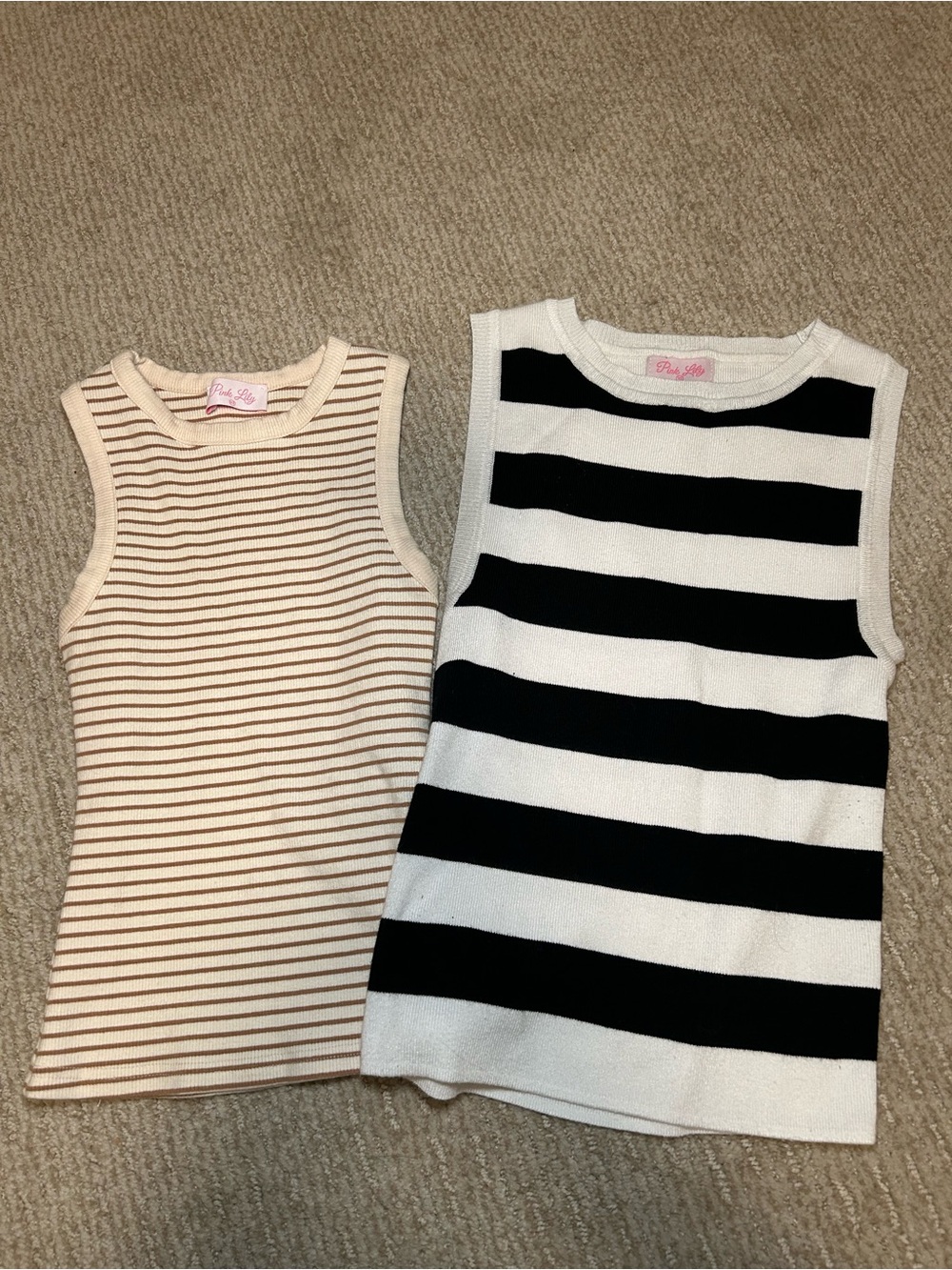 Pink Lily 2 pc Striped Knit Tank Top - Black & White - Cream & Beige